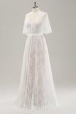 White A Line Sweetheart Lace Long Wedding Dress with Short Sleeves