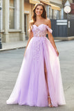 Off the Shoulder Appliques Tulle Corset Prom Dress with Accessory
