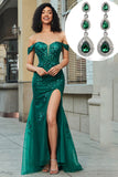 Dark Green Off the Shoulder Appliques Tulle Prom Dress with Accessory