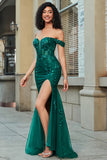 Dark Green Off the Shoulder Appliques Tulle Prom Dress with Accessory