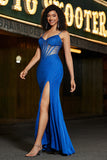 Beading Royal Blue Mermaid Glitter Corset Prom Dress with Accessory