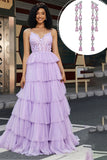 Purple Princess A Line Tiered Corset Prom Dress with Accessory