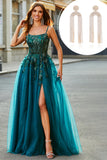 Gorgeous A Line Dark Green Appliques Long Prom Dress with Accessory