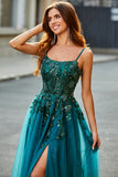 Gorgeous A Line Dark Green Appliques Long Prom Dress with Accessory