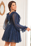 Sparkly Purple Long Sleeves Homecoming Dress with Stars