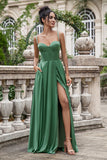 Eucalyptus A Line Spaghetti Straps Corset Pleated Satin Long Bridesmaid Dress