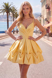 Pink A-Line Spaghetti Straps Ruched Short Homecoming Dress with Lace Up Back
