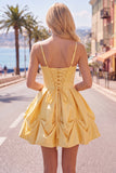 Pink A-Line Spaghetti Straps Ruched Short Homecoming Dress with Lace Up Back