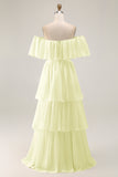 White Ruffled Off the Shoulder Chiffon A Line Wedding Dress