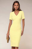 Black Bodycon V-Neck Midi Work Dress with Short Sleeves