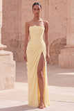 Light Pink Strapless Sheath Ruched Long Prom Dress with Slit