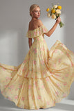 A-Line Yellow Pink Flower Off the Shoulder Chiffon Long Bridesmaid Dress with Ruffles