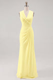White V Neck Ruched Long Formal Dress