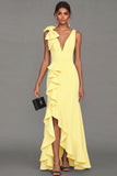 Black Sheath V-Neck Ruffled Long Formal Dress with Slit