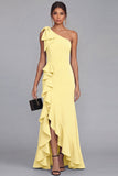 One Shoulder Black Sheath Ruffled Long Formal Dress with Slit