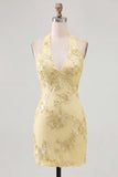 Light Blue Halter Neck Bodycon Floral Homecoming Dress