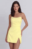 Strapless Bodycon Ruched White Mini Dress with Slit