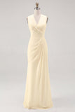 White Sheath V Neck Ruched Long Formal Dress