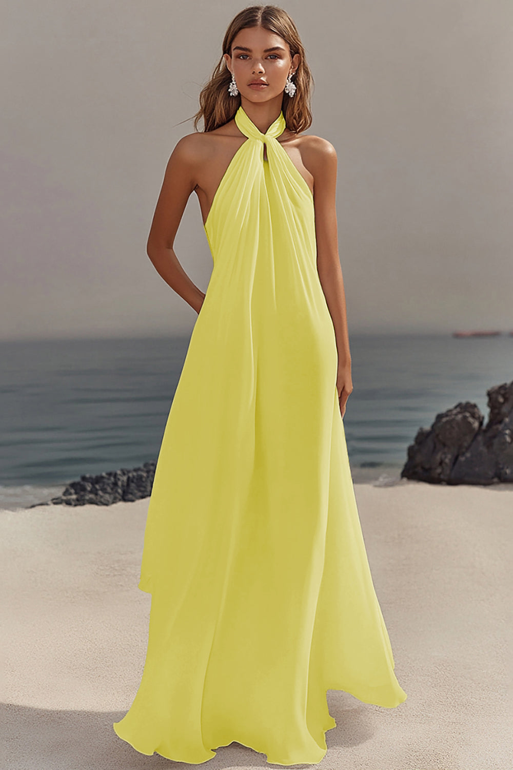 ZAPAKA Women White Long Beach Dress Sheath Halter Chiffon Bridal Dress, Yellow / US16W ZAPAKA Women White Long Beach Dress Sheath Halter Chiffon Bridal Dress, Yellow / US16W