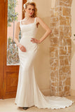 White Mermaid Square Neck Satin Long Wedding Dress with Sweep Train