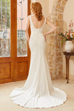White Mermaid Square Neck Satin Long Wedding Dress with Sweep Train