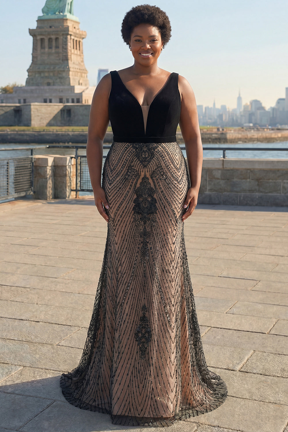 plus size black mermaid dress Zapaka Women's Black V-neck Plus Size Prom Dress Mermaid Beaded Long Sequins Party Dress, Black / US16