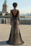 Mermaid Deep V Neck Black Long Prom Dress with Open Back