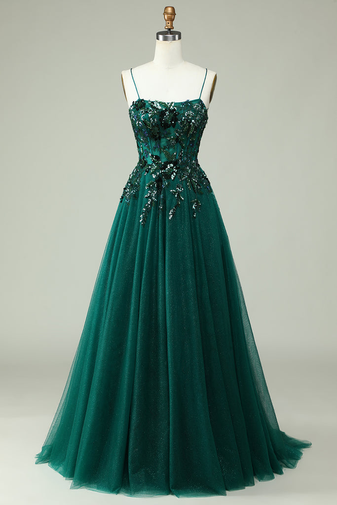 Classy Spaghetti Strap Green Tulle Appliques A Line Long Evening Dress Formal Birthday Evening Dress