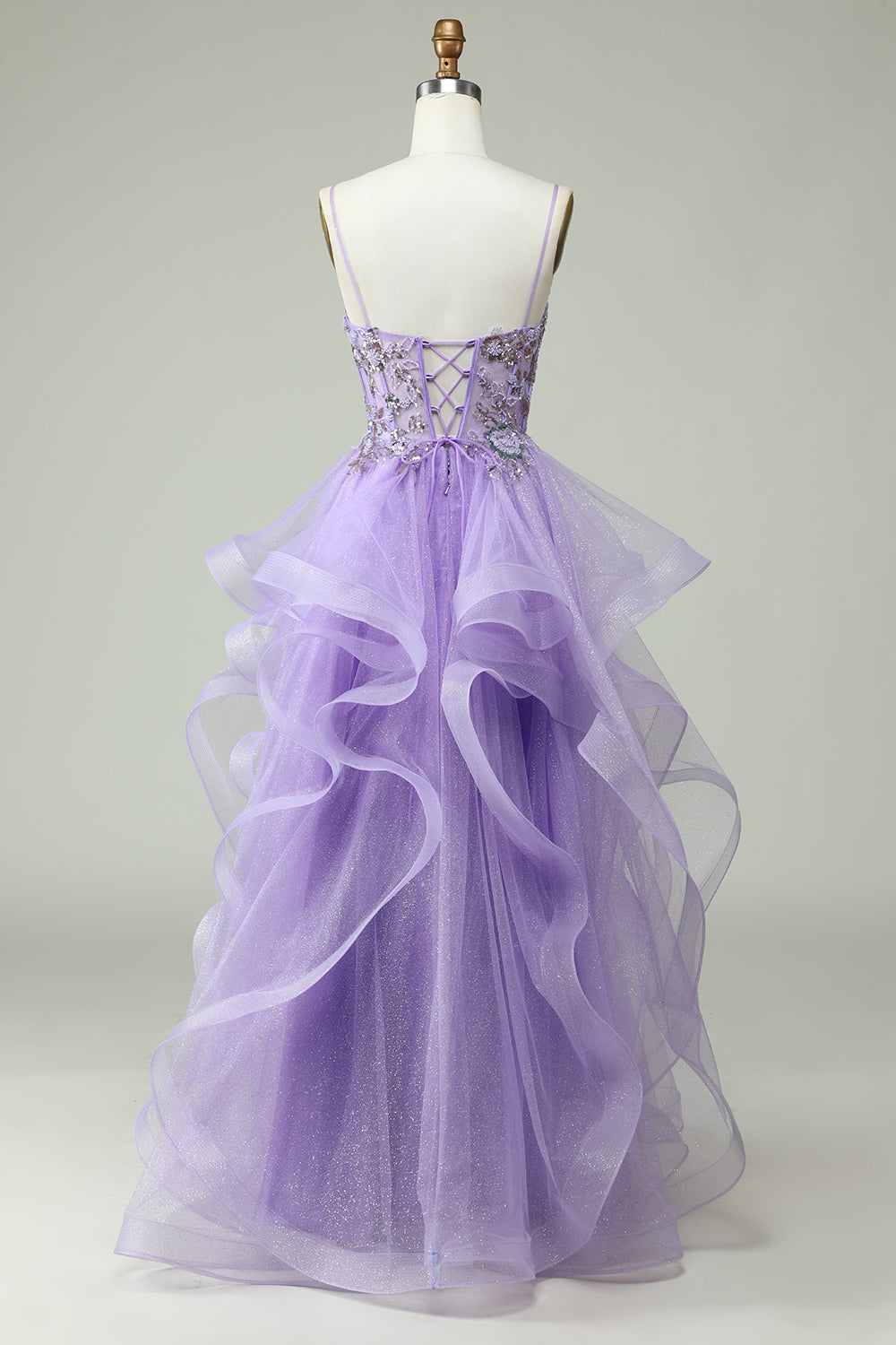 Zapaka Women Purple Long Prom Dress A Line Spaghetti Straps Formal ...