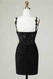 Sheath Spaghetti Straps Black Short Homecoming Dress with Appiques