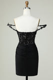 Sheath Spaghetti Straps Black Short Homecoming Dress with Appiques