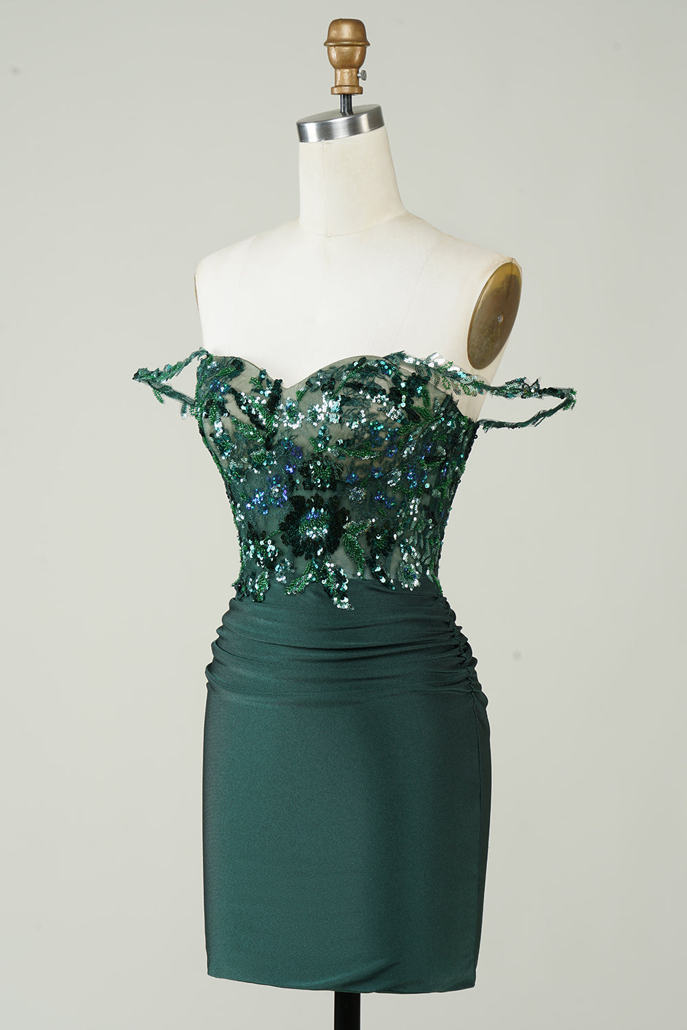 Unique Sheath Off the Shoulder Dark Green Short Homecoming Dress with Appliques
