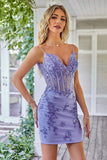 Sheath Spaghetti Straps Blue Corset Homecoming Dress with Appliques