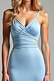 Sky Blue Mermaid Ruched V-Neck Long Prom Dress