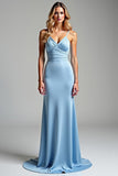 Sky Blue Mermaid Ruched V-Neck Long Prom Dress