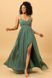 A Line Spaghetti Straps Sage Long Bridesmaid Dress with Split Front