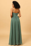A Line Spaghetti Straps Sage Long Bridesmaid Dress with Split Front