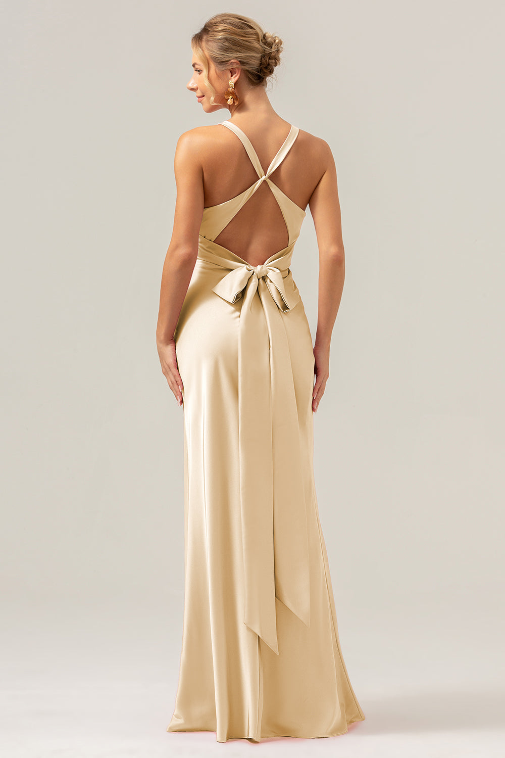 Zapaka Women Pink Bridesmaid Dress with Lace Up Back Mermaid V Neck Ruched Satin Long Wedding Guest Dress, Champagne / US14 Zapaka Women Pink Bridesmaid Dress with Lace Up Back Mermaid V Neck Ruched Satin Long Wedding Guest Dress, Champagne / US14