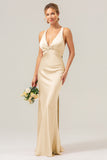 Pink Mermaid V Neck Ruched Satin Long Bridesmaid Dress with Lace Up Back