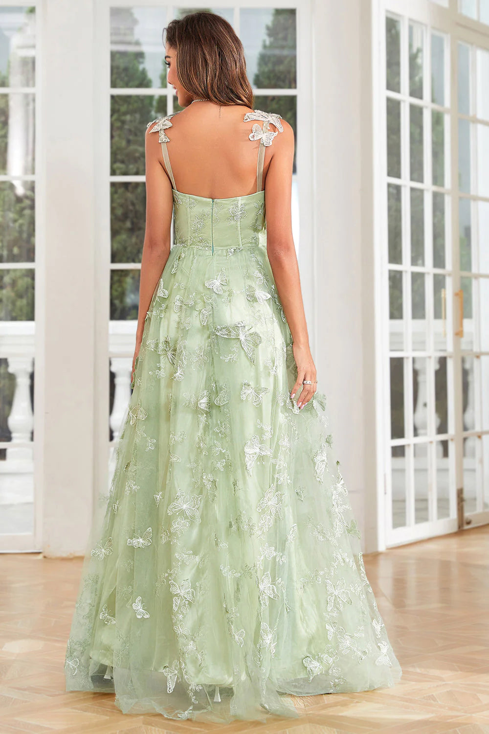 Green Corset Long Tulle Prom Dress with 3D Butterflies Green Corset Long Tulle Prom Dress with 3D Butterflies