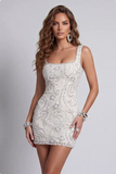 Sparkly White Thick Straps Beaded Floral Tight Short Homecoming Dress