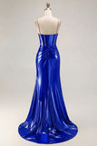 Metallic Golden Beaded Mermaid Corset Long Prom Dress With Slit