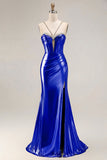Metallic Golden Mermaid Beaded Corset Keyhole Long Prom Dress With Slit