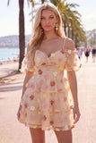Champagne Cold Shoulder A-Line Tiered Short Homecoming Dress with 3D Flowers