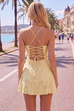 A-Line Yellow Floral Embroidery Short Homecoming Dress with Lace Up Back