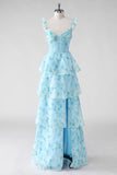 Blue A Line Ruffled Corset Long Floral Dress with Slit