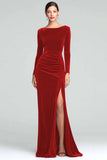 Burgundy Sheath Velvet Boat Neck Holiday Party Dress With Long Sleeves
