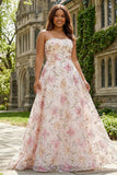 Sparkly Pink A-Line Strapless Sequin Floral Long Prom Dress