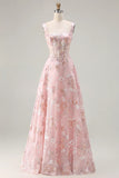 Pink Corset Sequin A Line Floral Long Plus Size Prom Dress with Embroidery