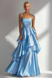Blush A-Line Spaghetti Straps Long Prom Dress with Ruffles